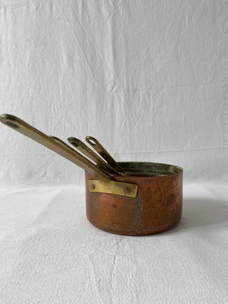 Set Of French Antique Copper Saucepans With Brass Handles