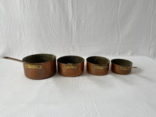 Set Of French Antique Copper Saucepans With Brass Handles