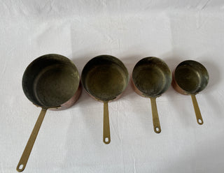 Set Of French Antique Copper Saucepans With Brass Handles