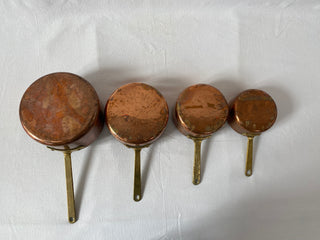 Set Of French Antique Copper Saucepans With Brass Handles