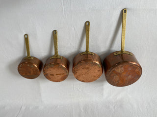 Set Of French Antique Copper Saucepans With Brass Handles