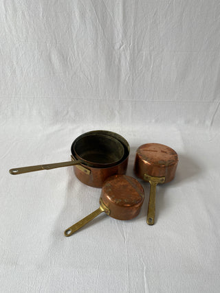 Set Of French Antique Copper Saucepans With Brass Handles