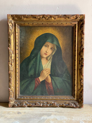 Antique Framed Virgin Mary Oil On Canvas