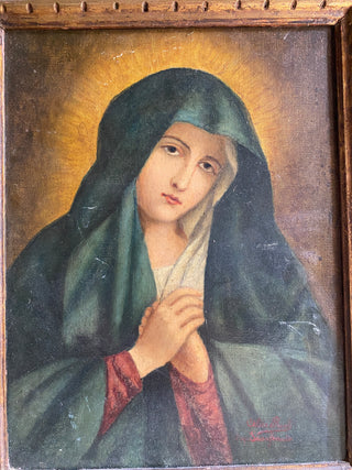 Antique Framed Virgin Mary Oil On Canvas