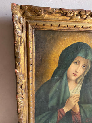 Antique Framed Virgin Mary Oil On Canvas
