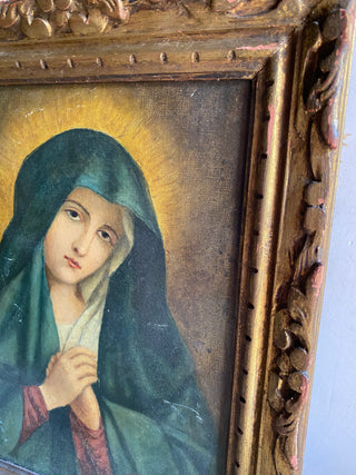 Antique Framed Virgin Mary Oil On Canvas