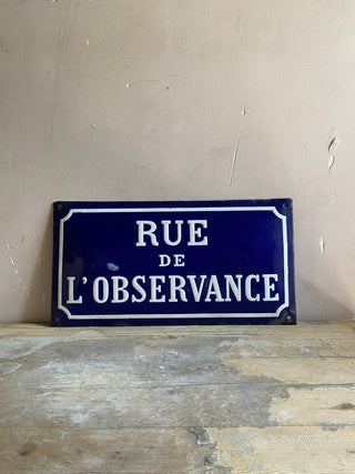 Antique French Rue De L'observance Street Sign