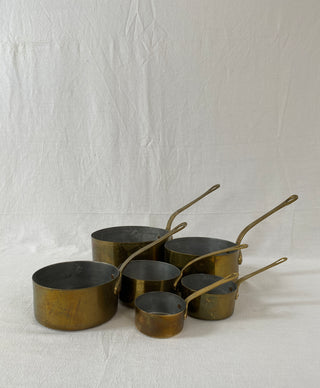 Set Of Six Rare French Antique Brass Saucepans