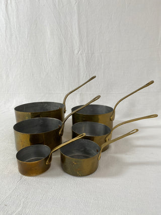 Set Of Six Rare French Antique Brass Saucepans