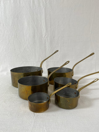 Set Of Six Rare French Antique Brass Saucepans