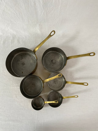 Set Of Six Rare French Antique Brass Saucepans