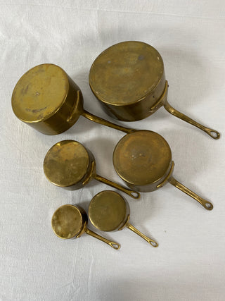 Set Of Six Rare French Antique Brass Saucepans