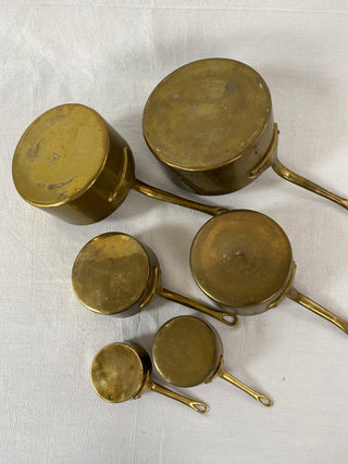 Set Of Six Rare French Antique Brass Saucepans