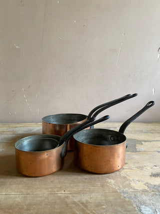 Set Of Five French Antique Copper Saucepans