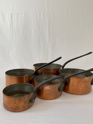 Set Of Five French Antique Copper Saucepans