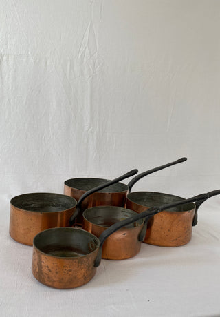 Set Of Five French Antique Copper Saucepans