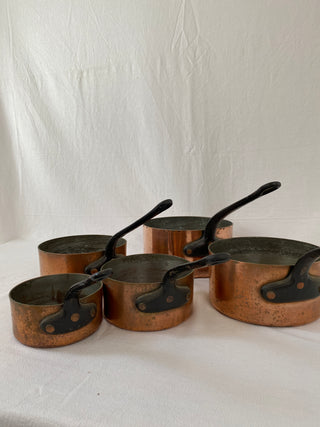 Set Of Five French Antique Copper Saucepans