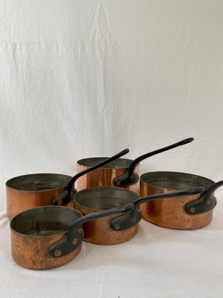 Set Of Five French Antique Copper Saucepans