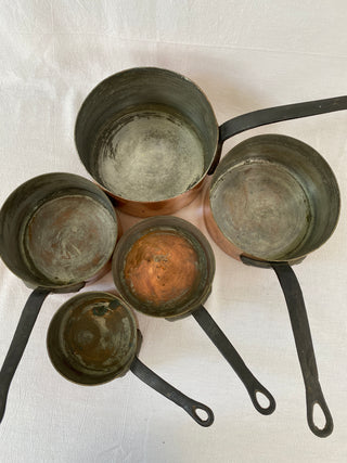 Set Of Five French Antique Copper Saucepans