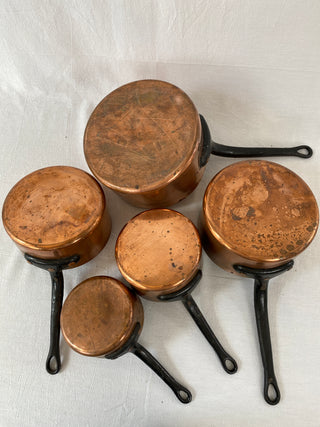 Set Of Five French Antique Copper Saucepans