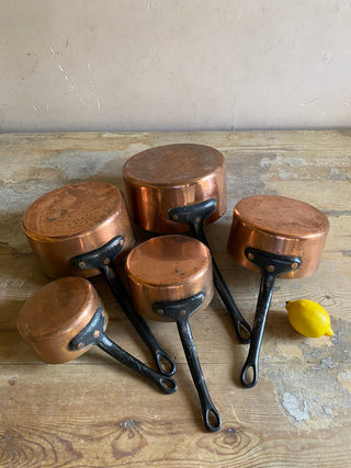 Set Of Five French Antique Copper Saucepans