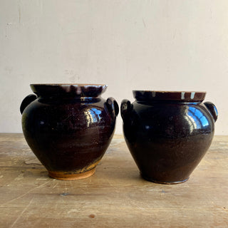 Pair of Antique French Brown Glazed Confit Pots