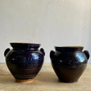 Pair of Antique French Brown Glazed Confit Pots