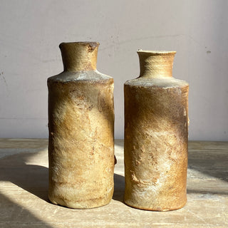 Pair of 19th Century French Primitive Handmade Stoneware Bottles