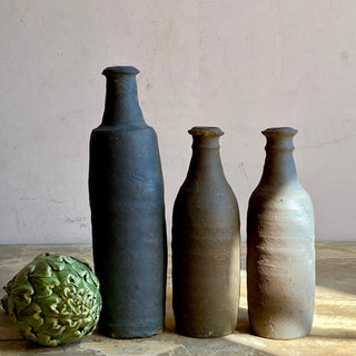 Trio of 19th Century French Primitive Handmade Stoneware Bottles