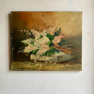 Antique French Oil On Canvas Depicting Flowers On A Book