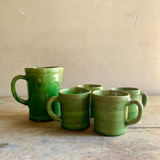 Vintage French Glazed Castelnaudary Green Pitcher And Mugs