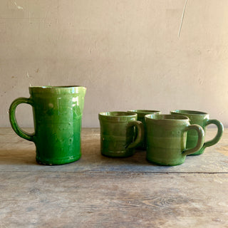 Vintage French Glazed Castelnaudary Green Pitcher And Mugs