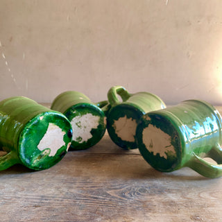 Vintage French Glazed Castelnaudary Green Pitcher And Mugs