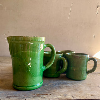 Vintage French Glazed Castelnaudary Green Pitcher And Mugs