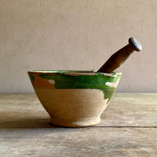 Antique French Glazed Terracotta Mortar & Wooden Pestle