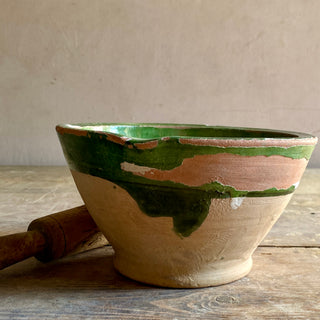 Antique French Glazed Terracotta Mortar & Wooden Pestle