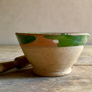 Antique French Glazed Terracotta Mortar & Wooden Pestle