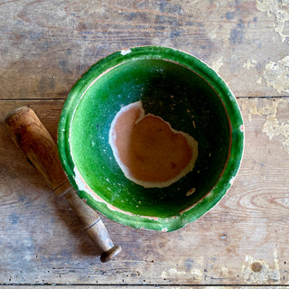 Antique French Glazed Terracotta Mortar & Wooden Pestle