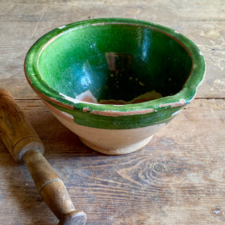 Antique French Glazed Terracotta Mortar & Wooden Pestle