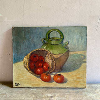 Antique French Oil On Canvas Depicting Tomatoes And Water Cruche