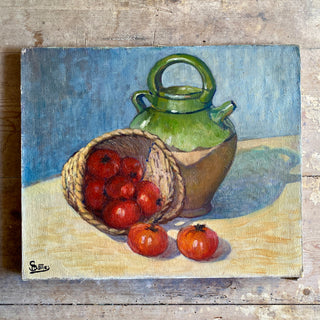 Antique French Oil On Canvas Depicting Tomatoes And Water Cruche