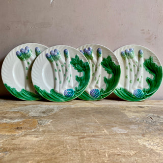 Four Antique French Majolica Salins Asparagus & Artichoke Plates