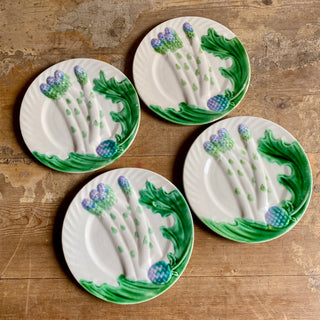 Four Antique French Majolica Salins Asparagus & Artichoke Plates