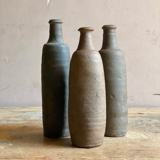 Trio of 19th Century French Primitive Handmade Stoneware Bottles