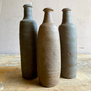 Trio of 19th Century French Primitive Handmade Stoneware Bottles