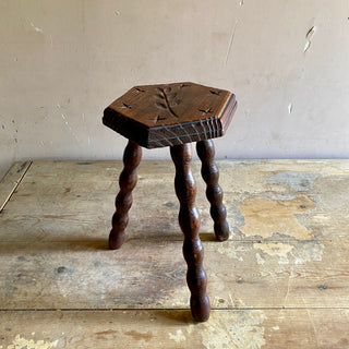 Vintage French Stool With Bobbin Legs And Rustic Carving