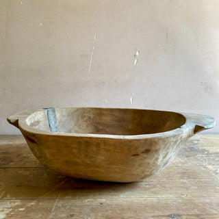 Very Large Antique French Wooden Bowl With Primitive Repairs
