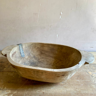 Very Large Antique French Wooden Bowl With Primitive Repairs