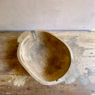 Very Large Antique French Wooden Bowl With Primitive Repairs