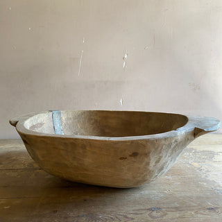 Very Large Antique French Wooden Bowl With Primitive Repairs